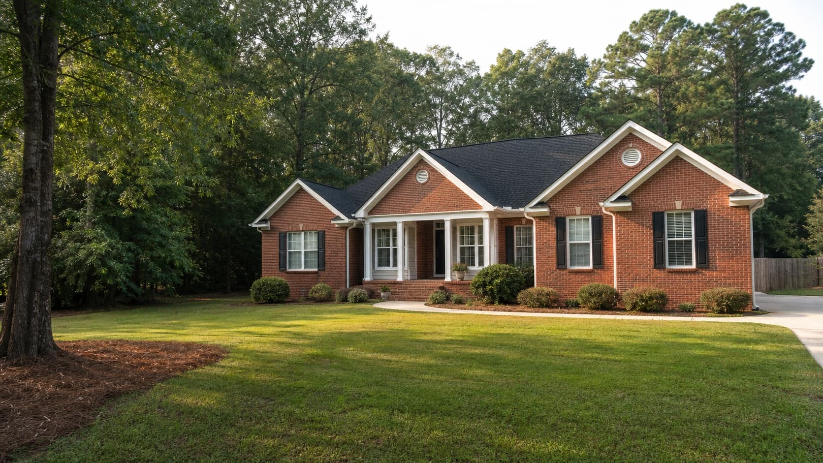 Red-brick Georgia home surrounded by mature trees.